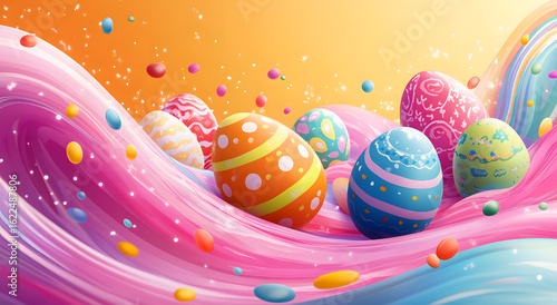 Multicolored Easter eggs on a colorful wave, bright background.