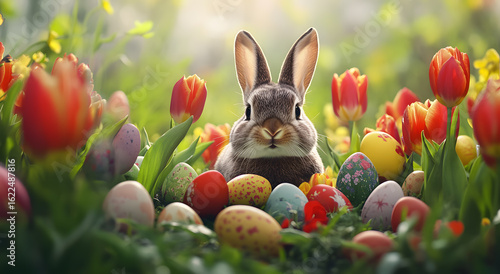A beautiful little rabbit with colorful Easter eggs and red tulips.