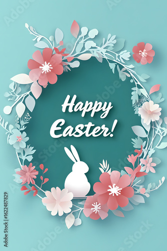 Illustration with the inscription “Happy Easter!” with a frame of flowers and a white rabbit.