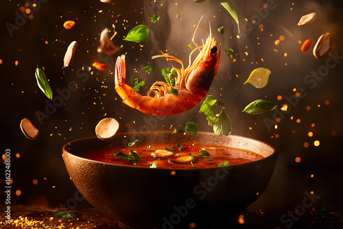 Shrimp, mushrooms, herbs, and lime falling into a bowl of spicy tom yum soup.