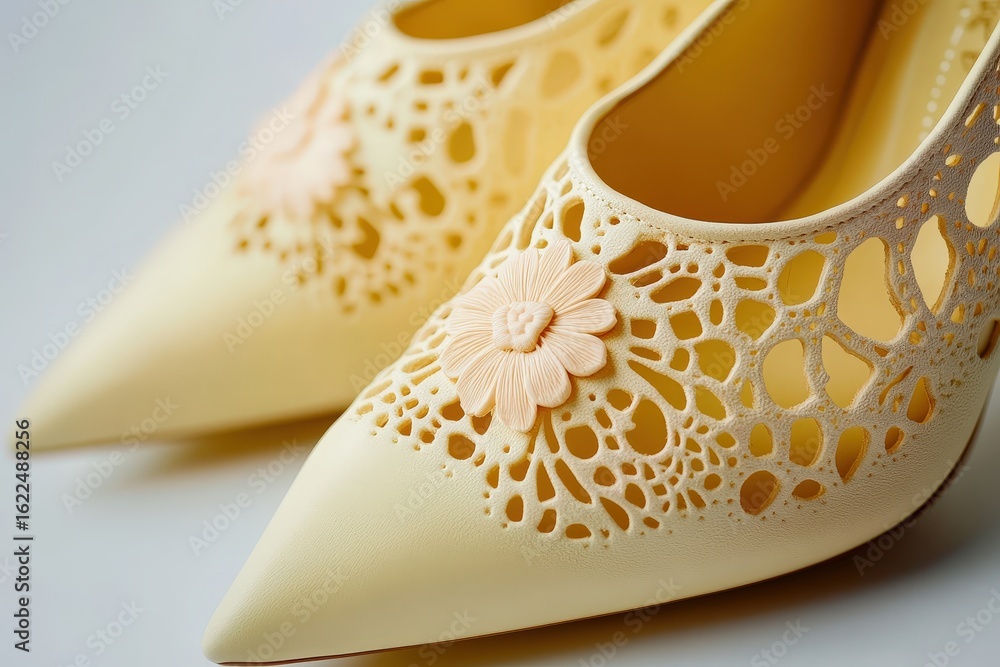 Fototapeta premium Delicate, pale yellow shoes with intricate lace detailing.