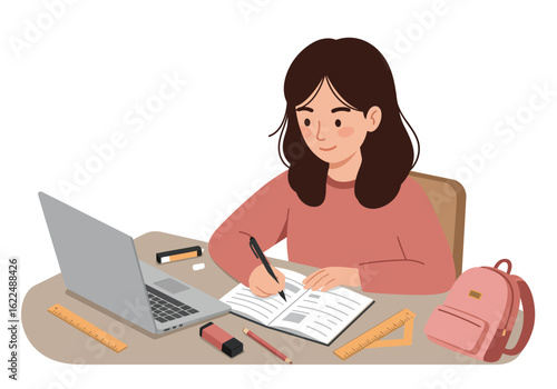A young woman is diligently studying at a desk, writing in a notebook next to an open laptop, surrounded by school supplies.