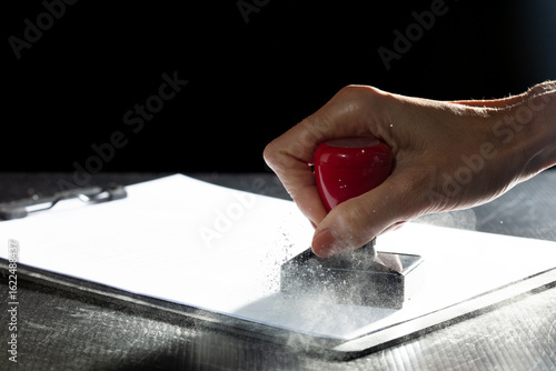 Obraz na plátně Against their will, hand delivers stamp, marking contract with forced approval