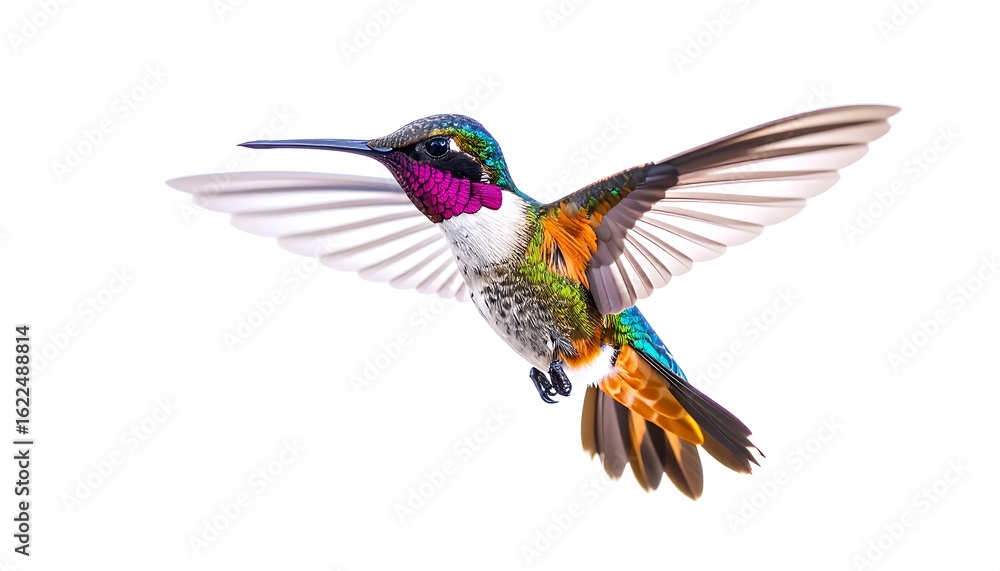 Obraz premium Hummingbird in flight showcasing its vibrant plumage against a clean background