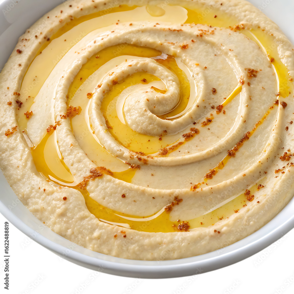 Fototapeta premium Creamy hummus swirl topped with olive oil and paprika
