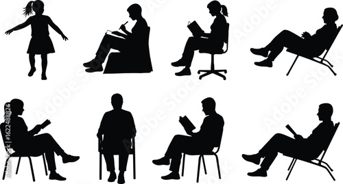 Silhouette of people reading, writing, sitting, studying, posture icons, black, white, vector set, educational, leisure, literary design illustration