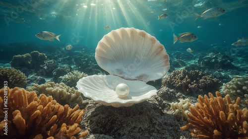 Underwater scene of elegant open seashell with pearl surrounded by coral reefs
