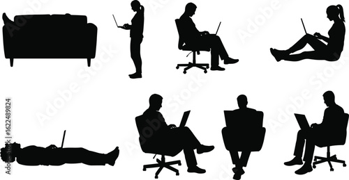 Silhouetted people using laptops in various seated and reclined postures, relaxed home setting, digital lifestyle, remote work concept, productivity scene