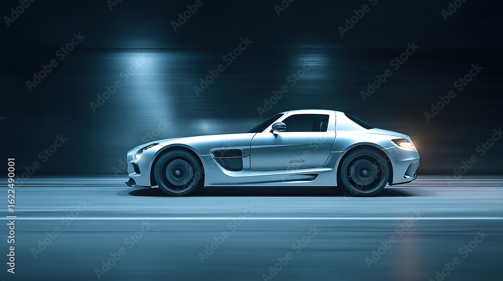 Fototapeta premium A sleek sports car in motion, showcasing speed and dynamic lighting on a simple road.