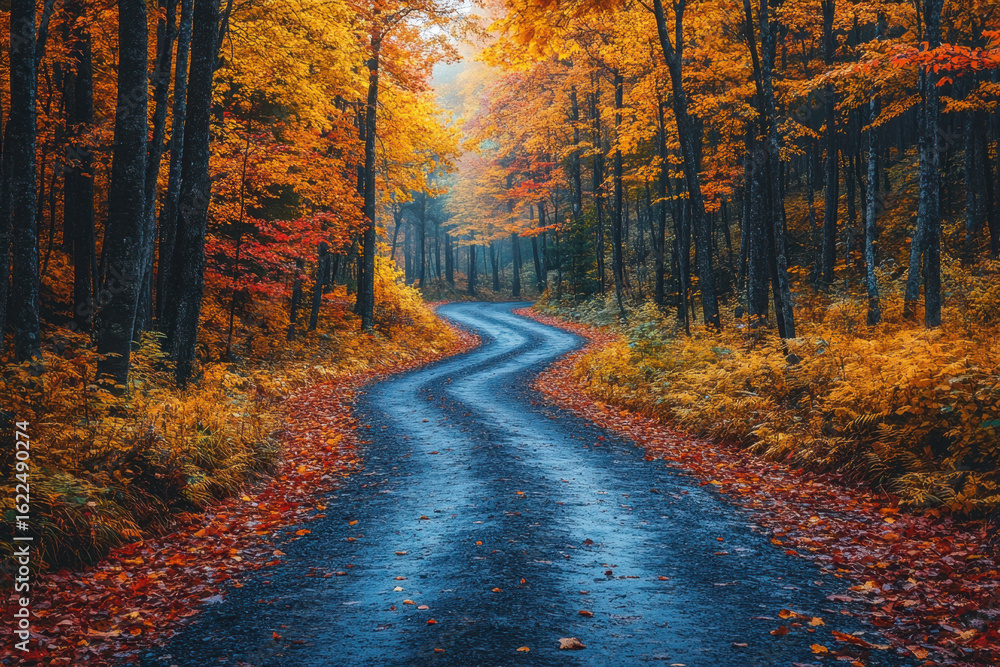 Obraz premium Fall leaves cover a road in the woods.