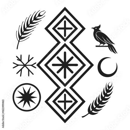 Abstract Celestial and Geometric Composition: An artistic assemblage of geometric shapes and celestial symbols creating a balanced and evocative composition.