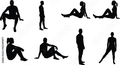Silhouettes of diverse people posing in unique sitting and standing positions, minimalist black figures on white background, artistic posture reference