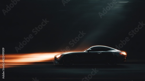 A sleek sports car in motion, showcasing speed and dynamic lighting on a simple road.