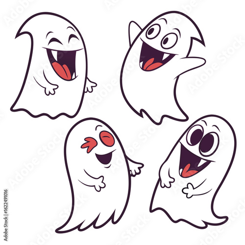 Whimsical Ghost Quartet: A cheerful quartet of playful cartoon ghosts, each with a unique expression and mischievous charm, floating about with glee for a spirited Halloween design.