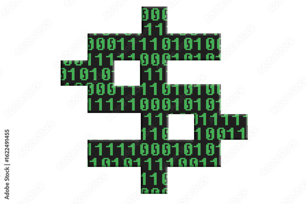 Obraz premium Digital composite. Dollar symbol with an overlay of a series of one’s and zero’s in a computer style font denoting binary code.