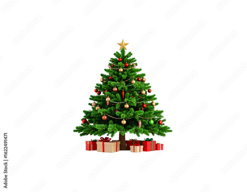 Obraz premium Christmas tree decorated with red and gold ornaments, balls and stars, surrounded by gift boxes and wrapped presents isolated on white background