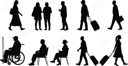 Silhouettes of diverse people walking, sitting, traveling, wheelchair users, business and casual outfits, everyday lifestyle, isolated urban scene vector illustration