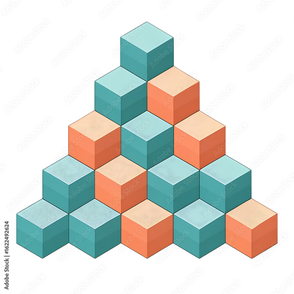 Obraz premium Geometric pyramid of teal and orange cubes on black background