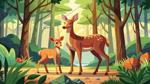 Mother and fawn deer stand together in a sunlit forest clearing