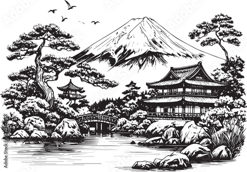 vector illustration of a japanese house garden