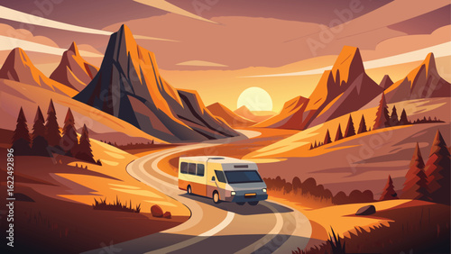 Rv traveling on a winding road through mountains at sunset