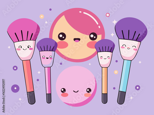 Cute Kawaii Makeup Brushes and Face Powder with Smiling Faces on a Purple Background