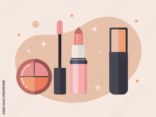 Cosmetic products illustration with eye shadow lipstick and lip gloss on a beige background with stars