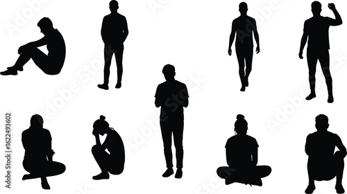 Silhouettes of people standing, sitting, walking, expressing diverse poses, isolated on white background, black and white vector, urban lifestyle, motion