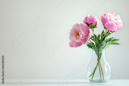 Wallpaper Mural Small glass vase with pink peonies on white table, minimalist floral arrangement with clean white background and realistic style Torontodigital.ca