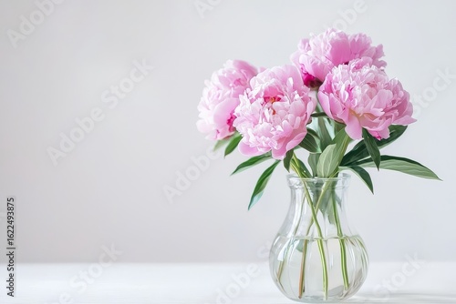 Wallpaper Mural Small glass vase with pink peonies on white table, minimalist floral arrangement with clean white background and realistic style Torontodigital.ca