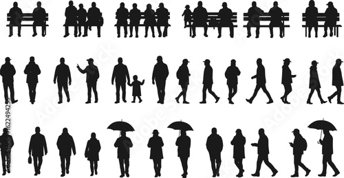 Silhouettes of people walking, sitting, talking, holding umbrellas, family interaction, outdoor lifestyle scene, urban setting, vector illustration pack