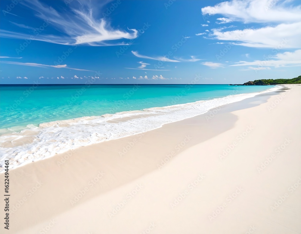 Obraz premium Idyllic tropical beach scene with pristine white sand and azure turquoise ocean water
