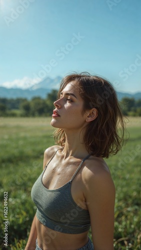 A woman in a sports bra stands in a grassy field sun
