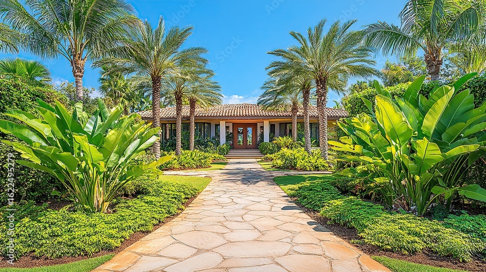 Fototapeta premium Tropical home entryway with lush landscaping