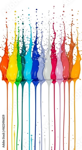 Vibrant Rainbow Liquid Splashes Dripping Downward Creating an Artistic Abstract Pattern of Many Colors