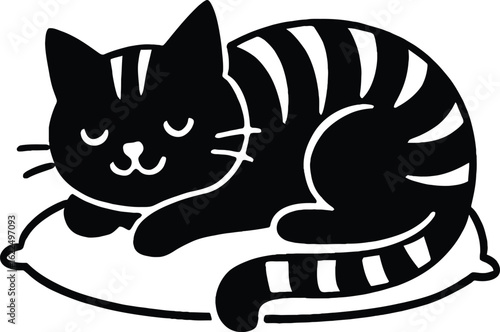 Striped Sleeping Cat Curled Peacefully on Oval Pillow — Black & White Minimalist Illustration Capturing Tranquility, Comfort, and Feline Restfulness in Monochrome Style