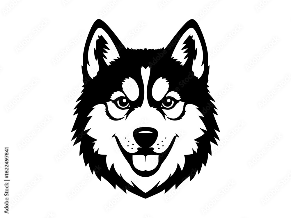 Naklejka premium Vector isolated husky dog head portrait muzzle icon dog colorless black and white outline silhouette shadow shape stencil laser engraving