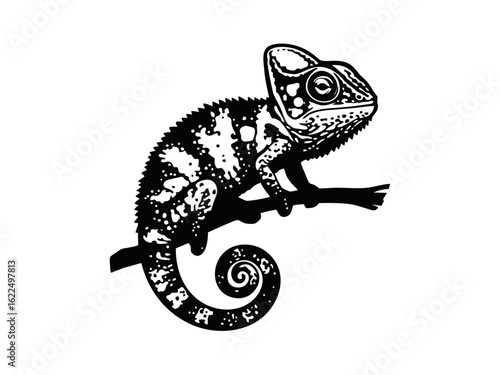 Vector isolated one single chameleon on a branch side view colorless black and white contour line easy drawing