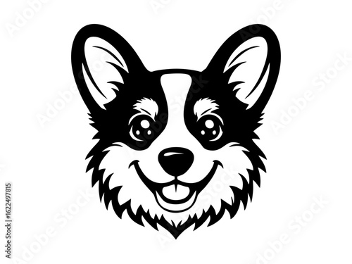 Vector isolated welsh corgi dog head portrait muzzle icon dog colorless black and white outline silhouette shadow shape stencil laser engraving