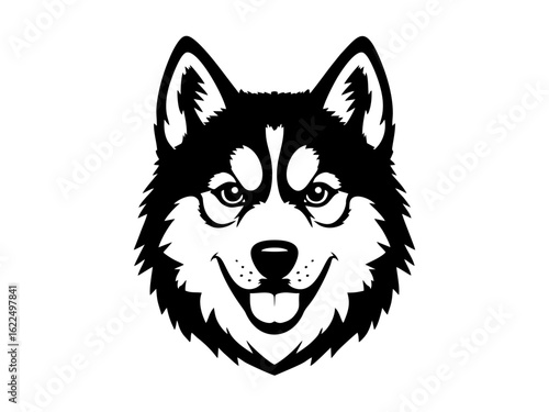 Vector isolated husky dog head portrait muzzle icon dog colorless black and white outline silhouette shadow shape stencil laser engraving