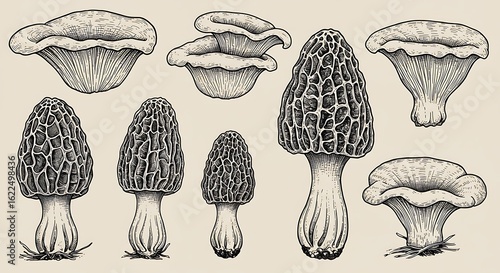 Morel Mushroom Studies in Ink