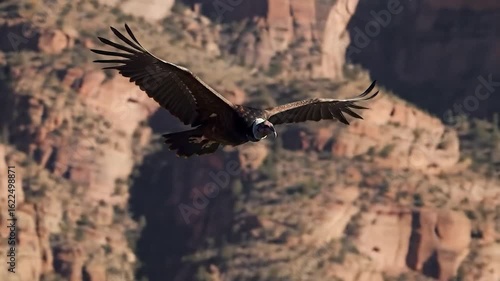 Vulture soars, wings spanned against a rocky landscape