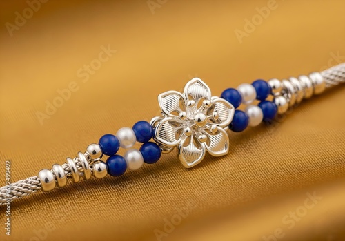 Silver Floral Rakhi with Blue and White Beads on Golden Fabric