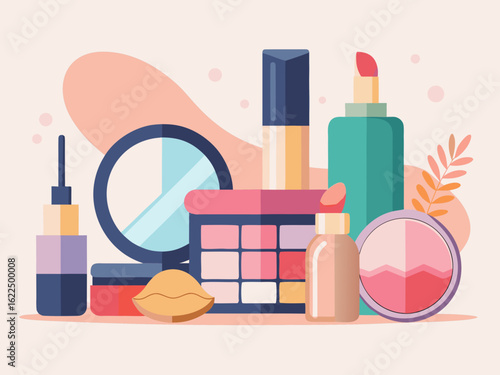 Cosmetic products illustration with eyeshadow palette foundation lipstick powder and cream on a light background