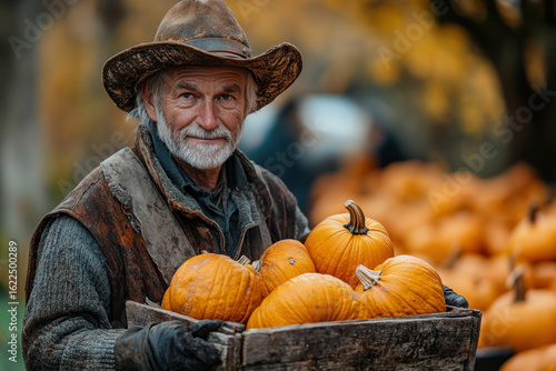 Man in hat holding pumpkin basket