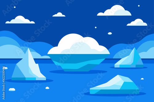 Stylized arctic landscape with icebergs and clouds