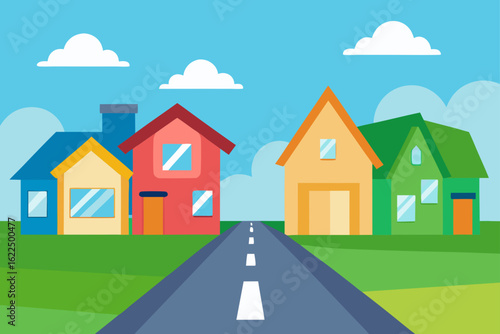 Colorful cartoon houses on a suburban street under a blue sky