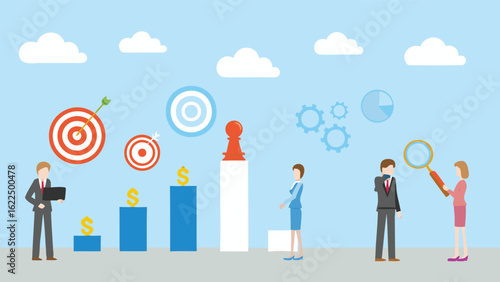 Business illustration showing targets charts and people with magnifying glass and laptop device