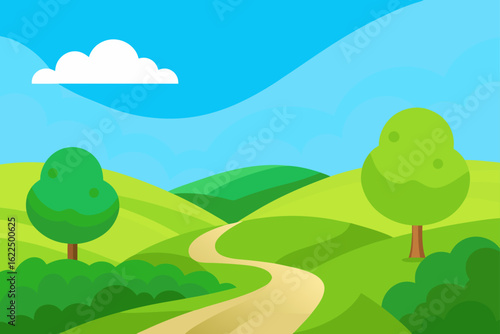 Stylized green hills with winding path and lone cloud