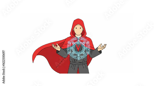 Mystical figure with heart illustration: A captivating artistic depiction of a figure adorned in a red cloak, arms outstretched towards a central mystical heart symbol.